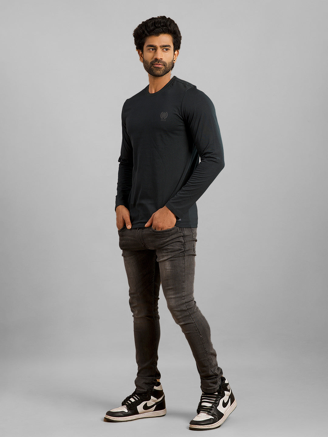 Inego Men Solid T Shirt Long Sleeve Solid Round Neck 100% Polyester Regular Fit (Astral Aura, Butterscotch, Burgundy, Bright White, Fanfare, Flame Scarlet, Ibiza Blue, Jet Black, Limestone, Scarab) #color_Dark Navy