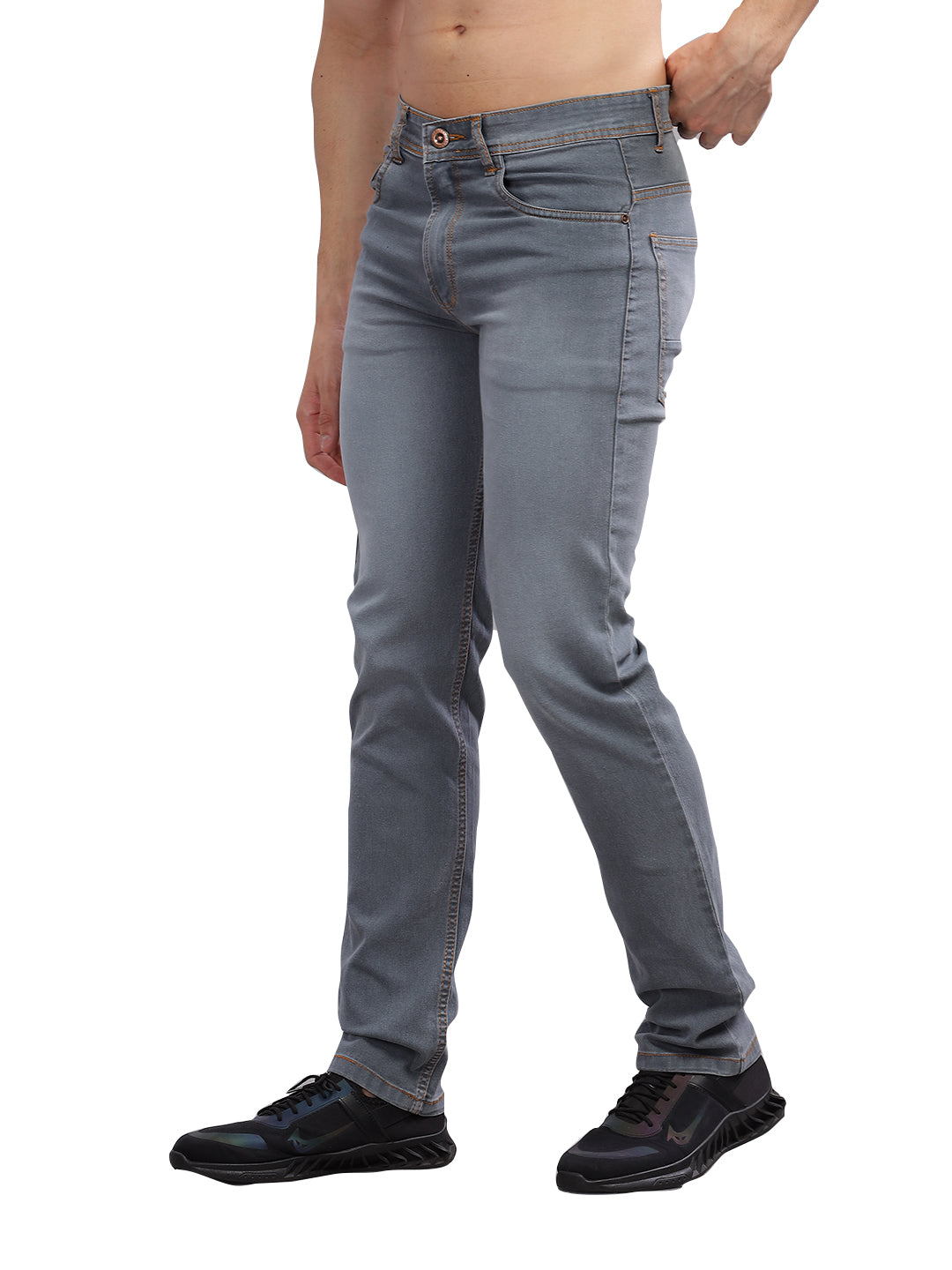 INEGO Men Grey Washed Smart Fit Stretch Jeans Cotton-Lycra Blend Embossed Leather Badge Regular Fit Size 30 (Grey) Inego #color_Grey