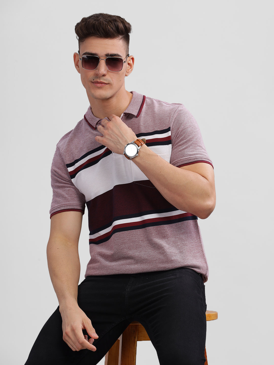 Inego Mens Striped Polo T-Shirt Half Sleeve Peach Stripes Polo Collar 52% Cotton 48% Polyester Regular Fit (Peach, Purple) Inego #color_Purple