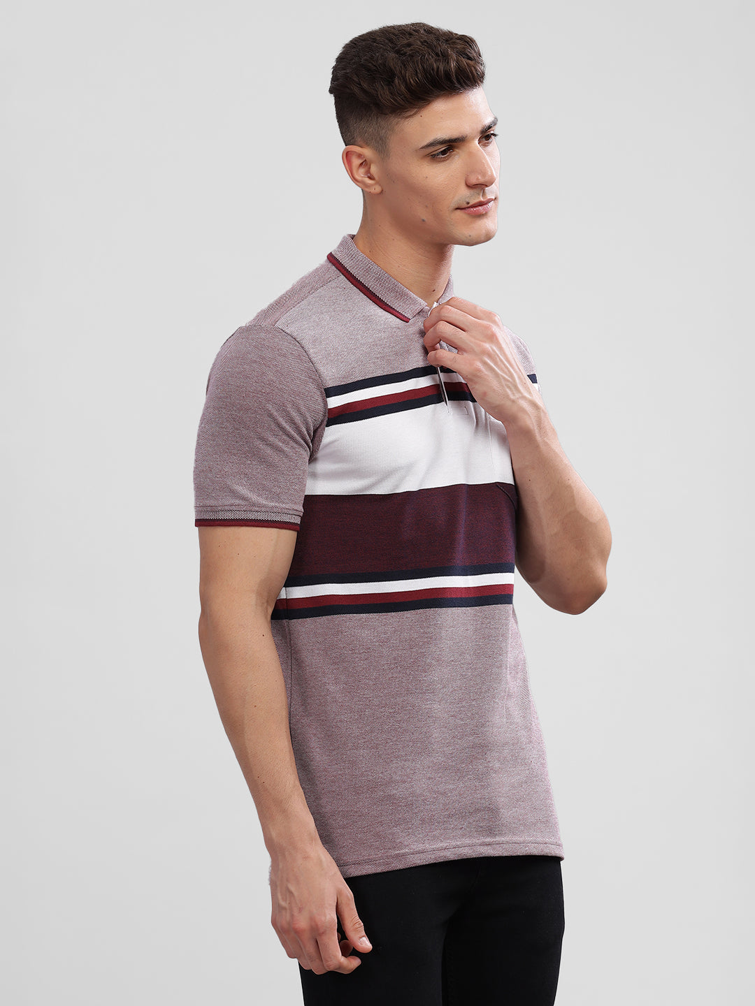Inego Mens Striped Polo T-Shirt Half Sleeve Peach Stripes Polo Collar 52% Cotton 48% Polyester Regular Fit (Peach, Purple) Inego #color_Purple