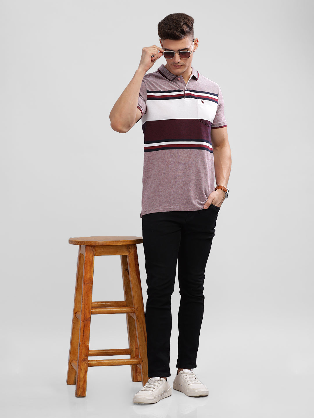 Inego Mens Striped Polo T-Shirt Half Sleeve Peach Stripes Polo Collar 52% Cotton 48% Polyester Regular Fit (Peach, Purple) Inego #color_Purple