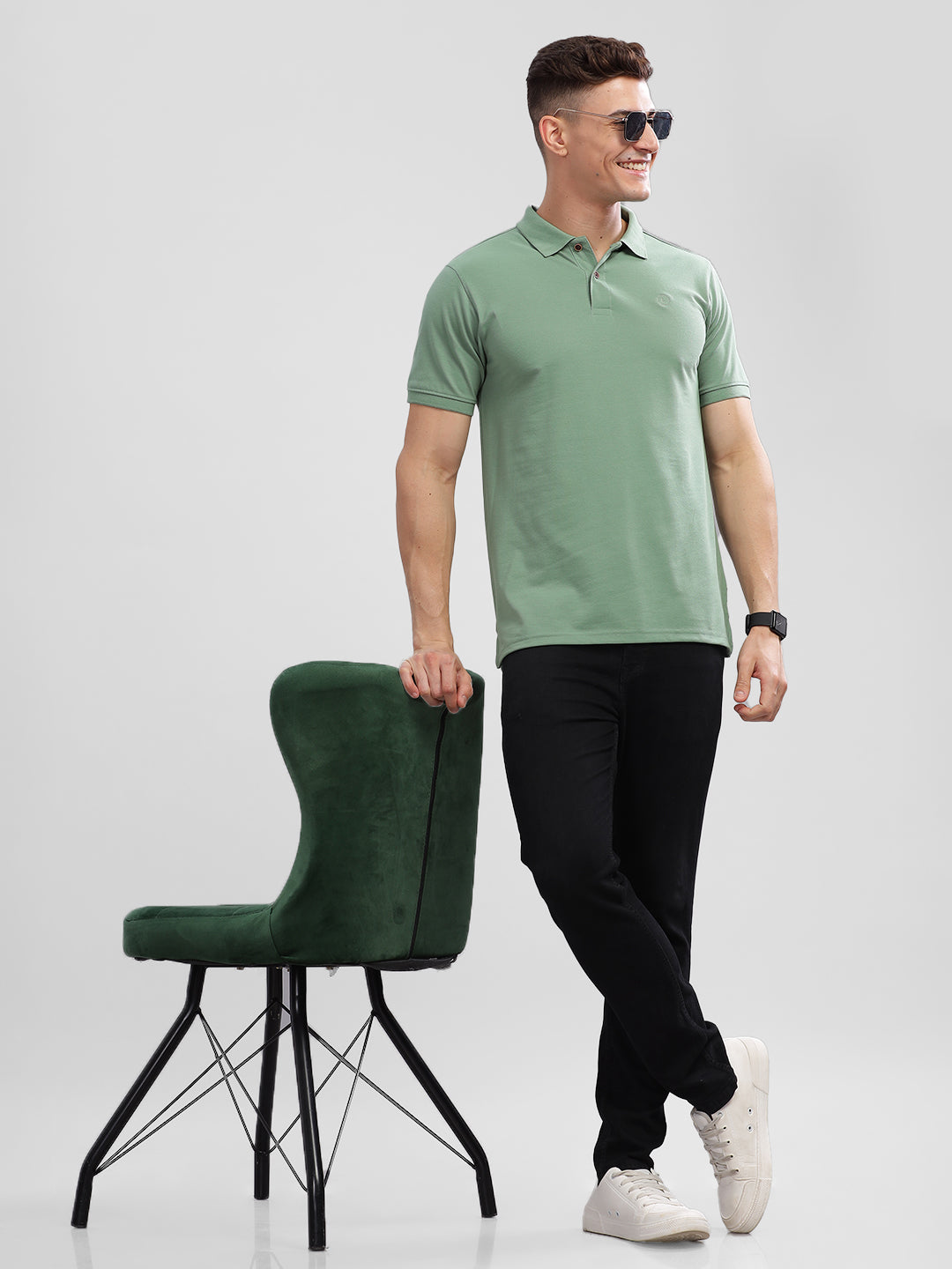 Inego Mens Solid Polo T-Shirt Half Sleeve Black Solid Polo Collar 52% Cotton 48% Polyester Regular Fit (Black, Blue, Pink, Mustard, Green) Inego #color_Green