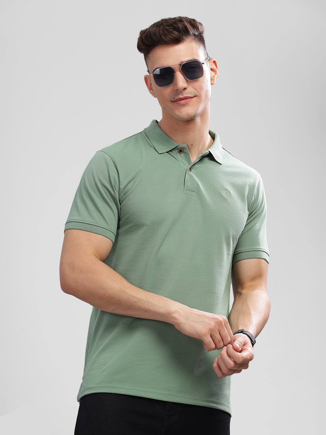 Inego Mens Solid Polo T-Shirt Half Sleeve Black Solid Polo Collar 52% Cotton 48% Polyester Regular Fit (Black, Blue, Pink, Mustard, Green) Inego #color_Green