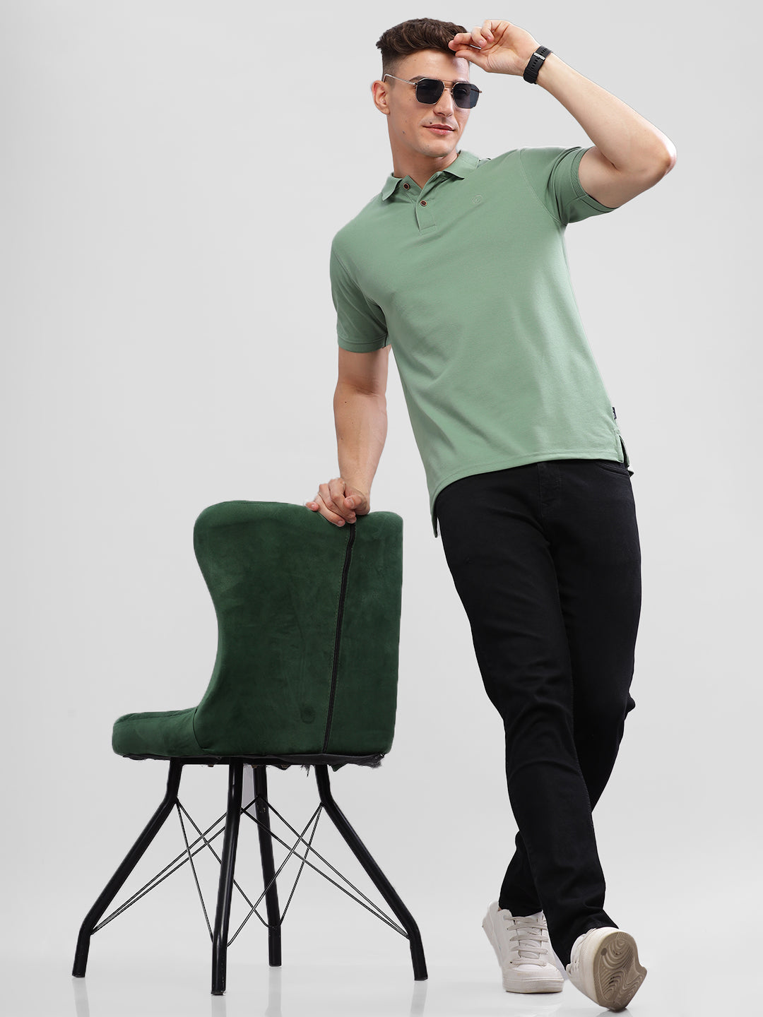 Inego Mens Solid Polo T-Shirt Half Sleeve Black Solid Polo Collar 52% Cotton 48% Polyester Regular Fit (Black, Blue, Pink, Mustard, Green) Inego #color_Green
