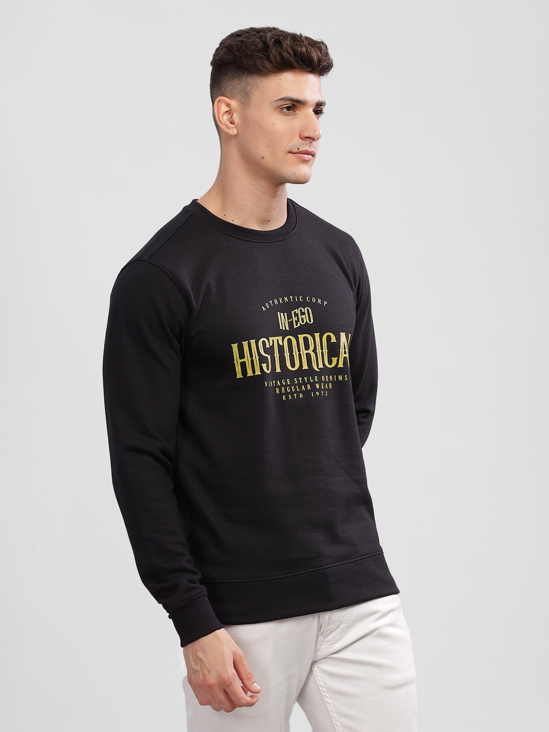 Inego Men Printed Sweatshirt Long Sleeve Graphic Print Round Neck 100% Polyester Regular Fit (Black Clay, Deep Navy) Inego #color_Black
