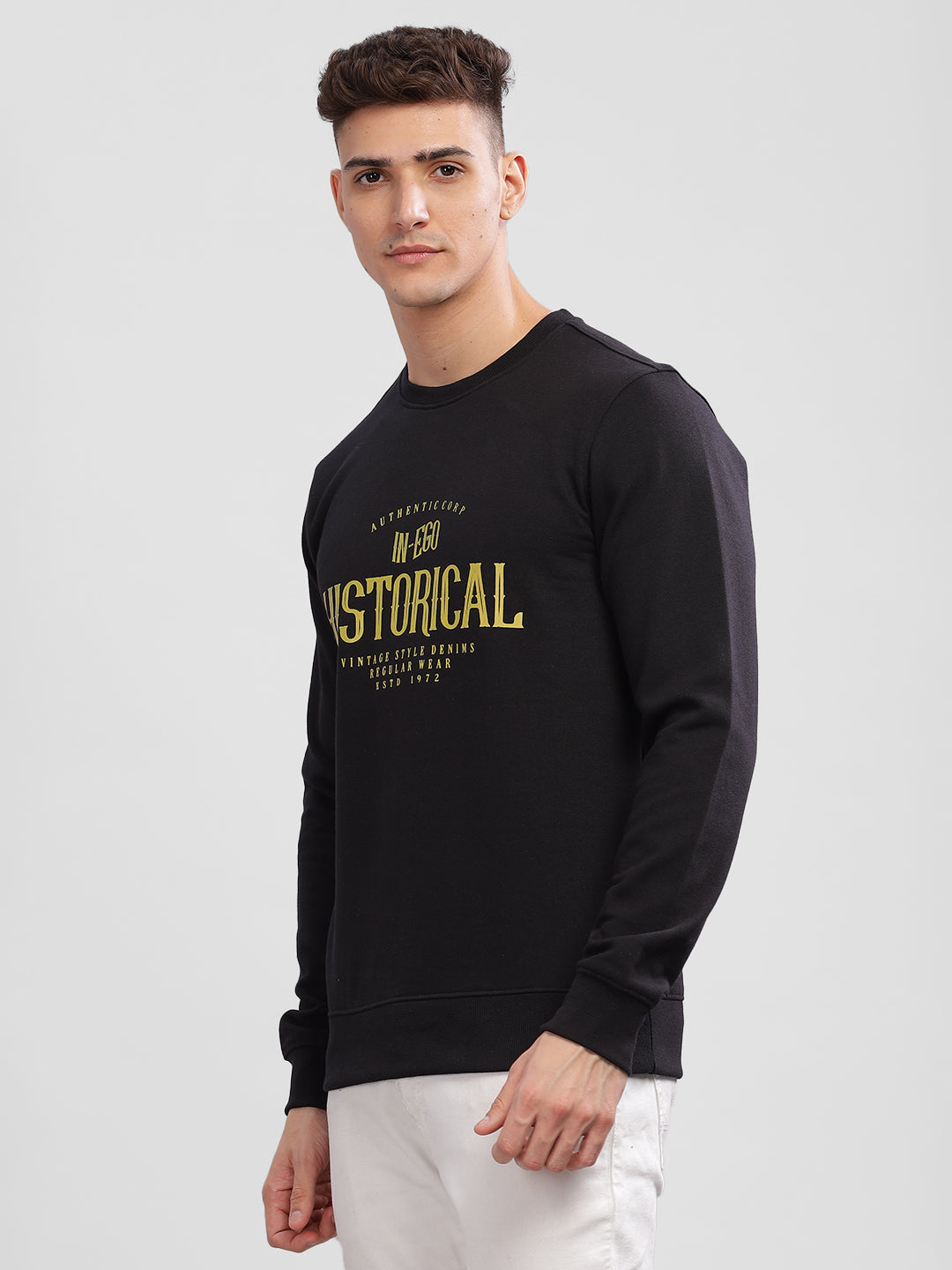 Inego Men Printed Sweatshirt Long Sleeve Graphic Print Round Neck 100% Polyester Regular Fit (Black Clay, Deep Navy) Inego #color_Black