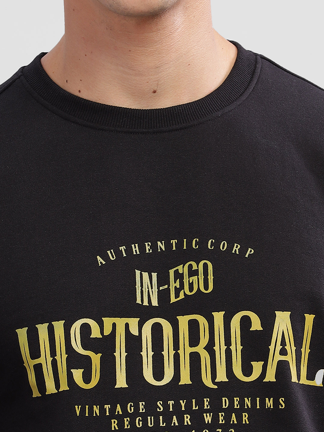 Inego Men Printed Sweatshirt Long Sleeve Graphic Print Round Neck 100% Polyester Regular Fit (Black Clay, Deep Navy) Inego #color_Black