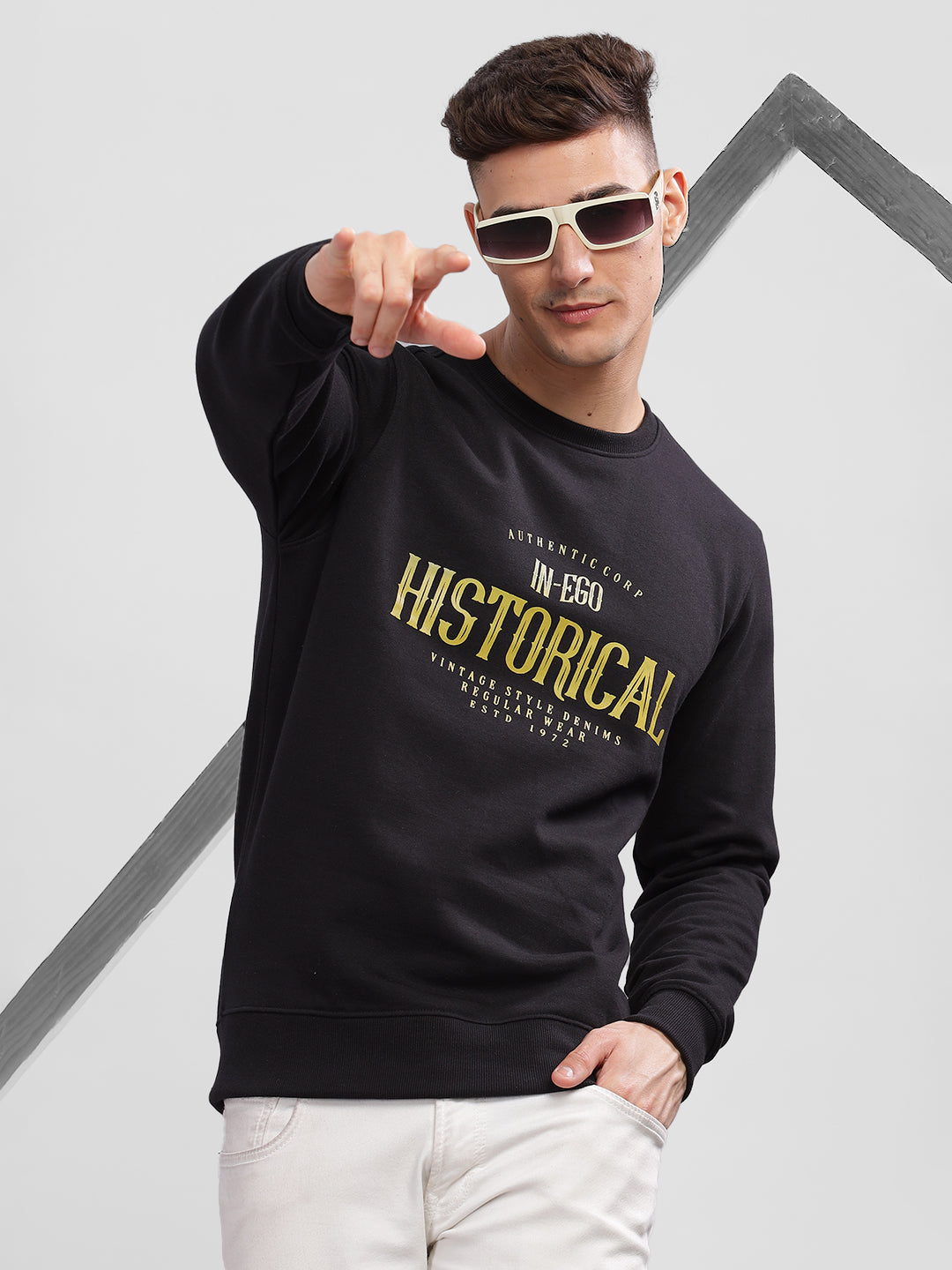 Inego Men Printed Sweatshirt Long Sleeve Graphic Print Round Neck 100% Polyester Regular Fit (Black Clay, Deep Navy) Inego #color_Black