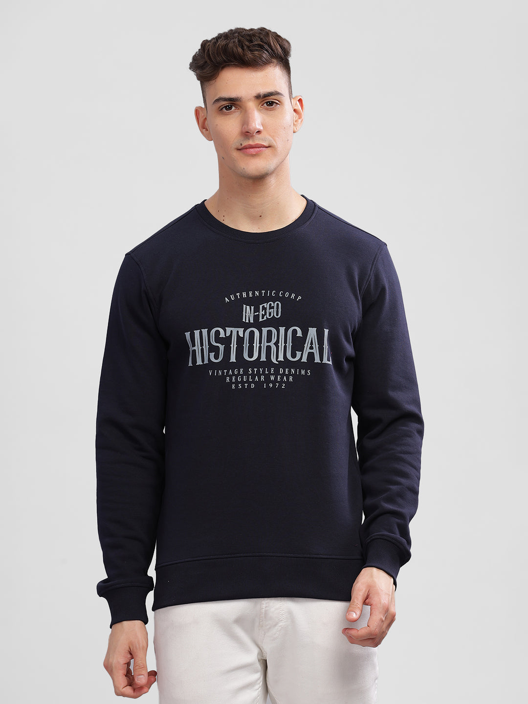 Inego Men Printed Sweatshirt Long Sleeve Graphic Print Round Neck 100% Polyester Regular Fit (Black Clay, Deep Navy) Inego #color_Navy