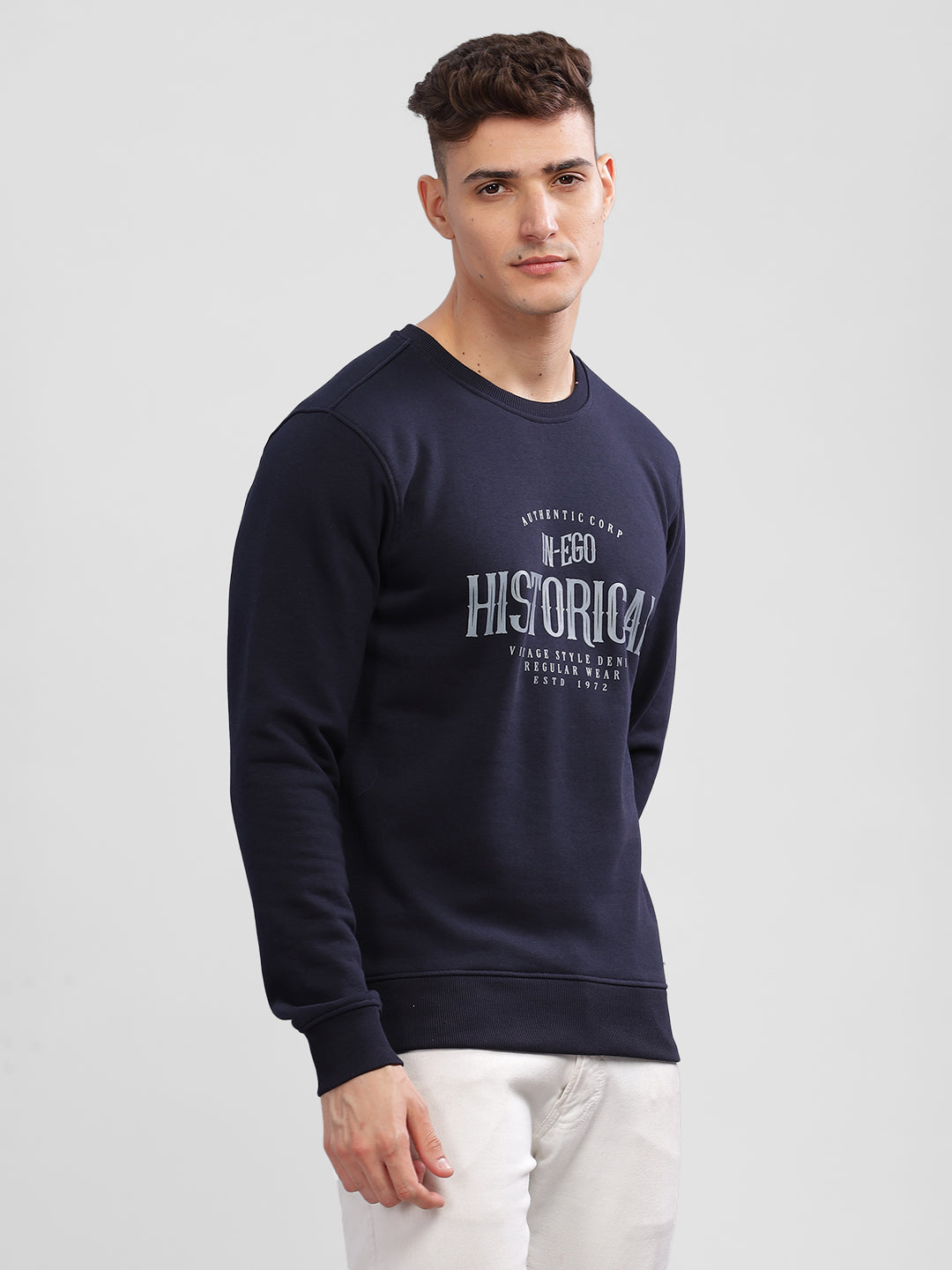 Inego Men Printed Sweatshirt Long Sleeve Graphic Print Round Neck 100% Polyester Regular Fit (Black Clay, Deep Navy) Inego #color_Navy