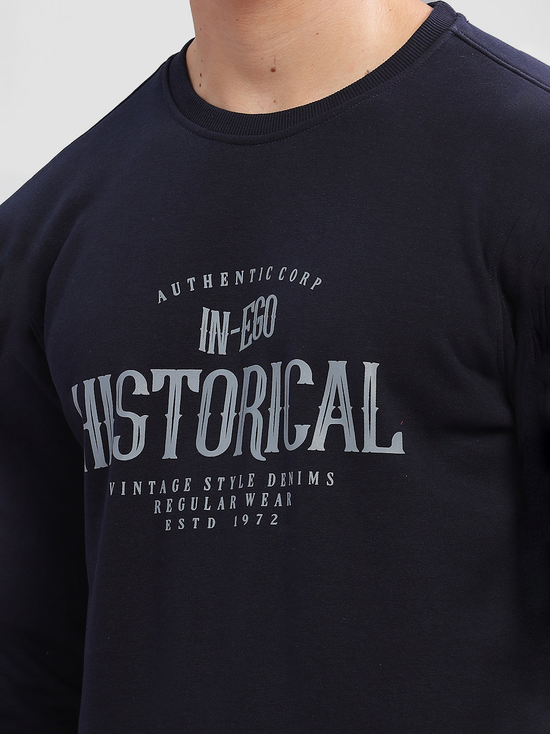 Inego Men Printed Sweatshirt Long Sleeve Graphic Print Round Neck 100% Polyester Regular Fit (Black Clay, Deep Navy) Inego #color_Navy