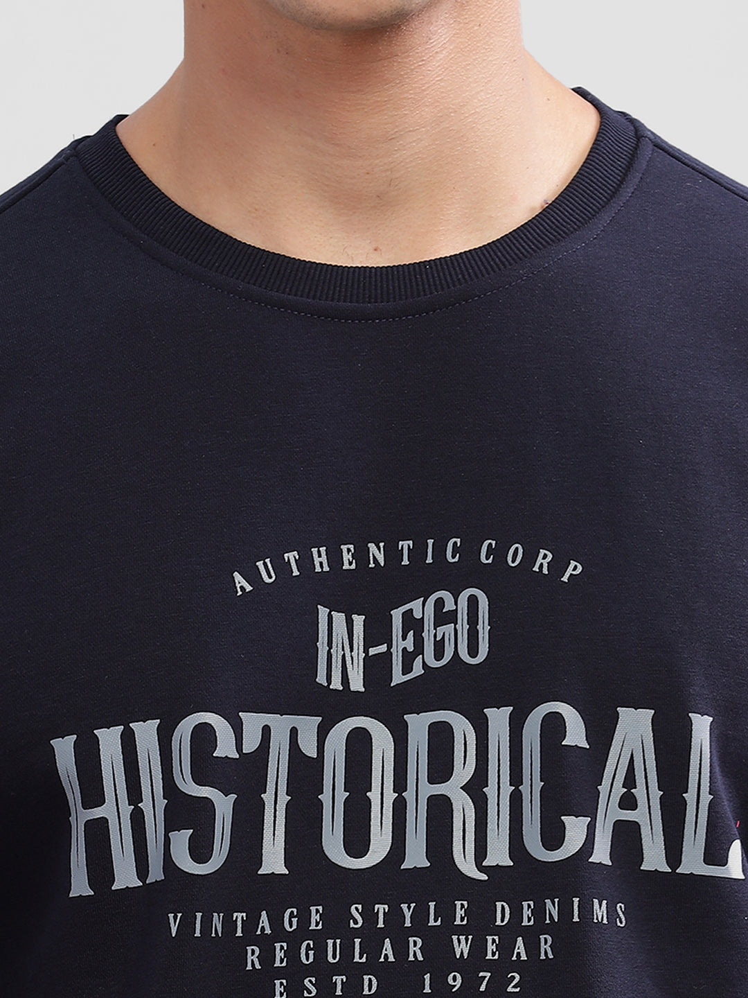 Inego Men Printed Sweatshirt Long Sleeve Graphic Print Round Neck 100% Polyester Regular Fit (Black Clay, Deep Navy) Inego #color_Navy