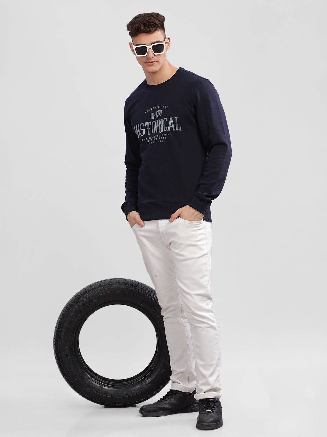 Inego Men Printed Sweatshirt Long Sleeve Graphic Print Round Neck 100% Polyester Regular Fit (Black Clay, Deep Navy) Inego #color_Navy