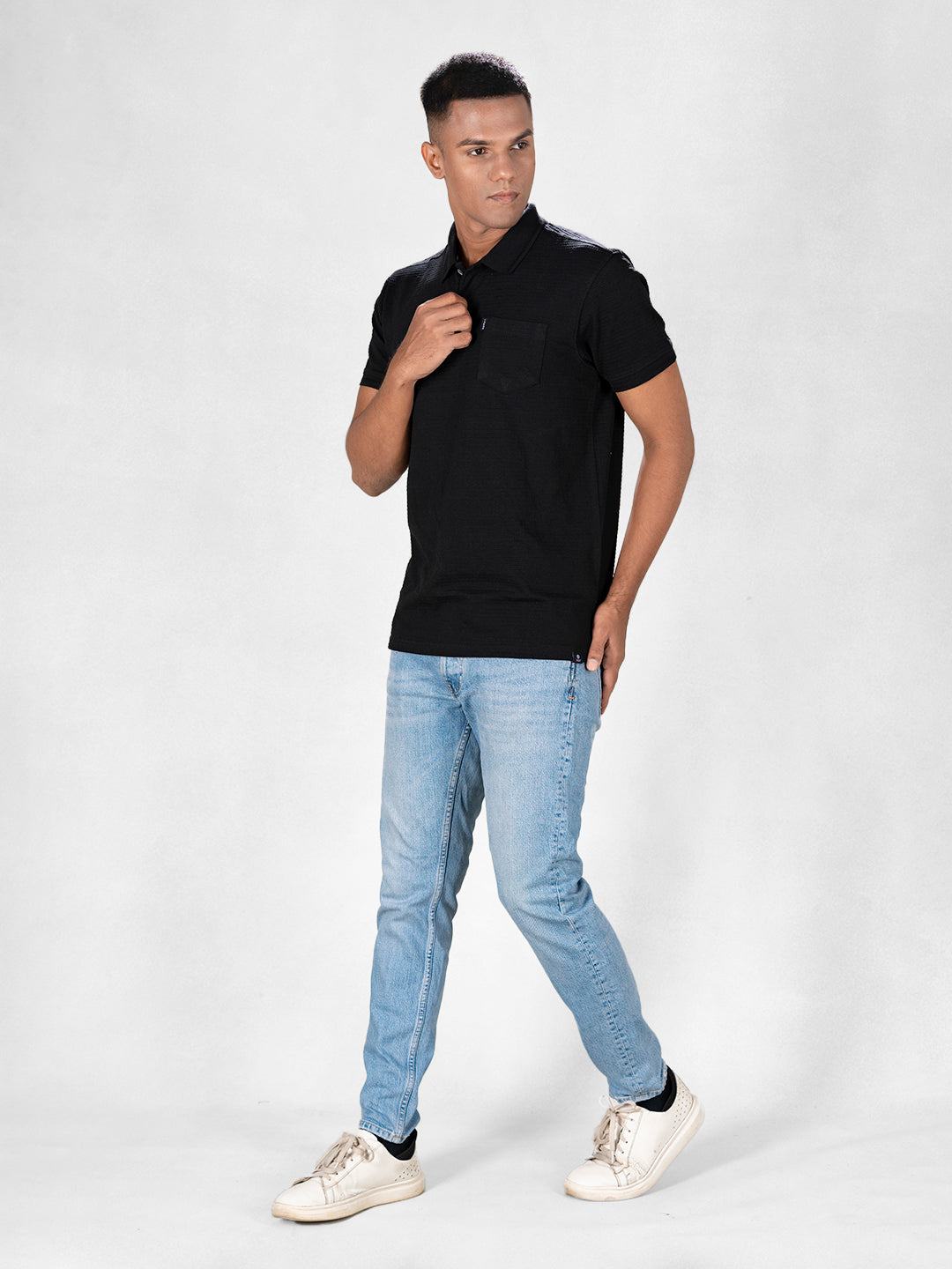 Inego Mens Jacquard Polo T-Shirt Half Sleeve Black Jacquard Polo Collar 100% Cotton Regular Fit (Black, Brown, Navy, Grey, White) Inego #color_Black