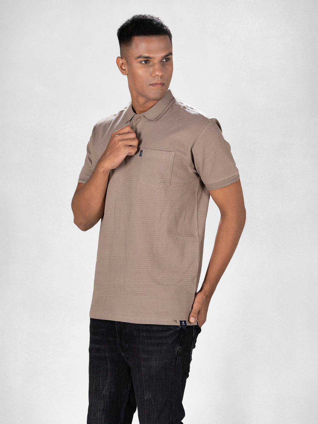 Inego Mens Jacquard Polo T-Shirt Half Sleeve Black Jacquard Polo Collar 100% Cotton Regular Fit (Black, Brown, Navy, Grey, White) Inego #color_Brown