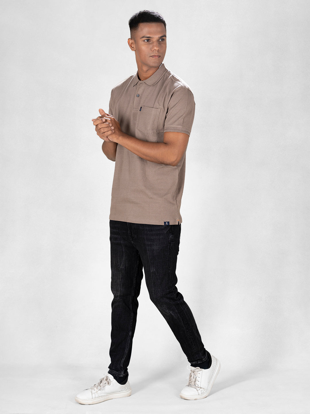 Inego Mens Jacquard Polo T-Shirt Half Sleeve Black Jacquard Polo Collar 100% Cotton Regular Fit (Black, Brown, Navy, Grey, White) Inego #color_Brown