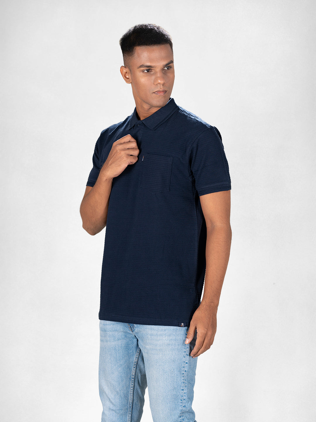 Inego Mens Jacquard Polo T-Shirt Half Sleeve Black Jacquard Polo Collar 100% Cotton Regular Fit (Black, Brown, Navy, Grey, White) Inego #color_Navy