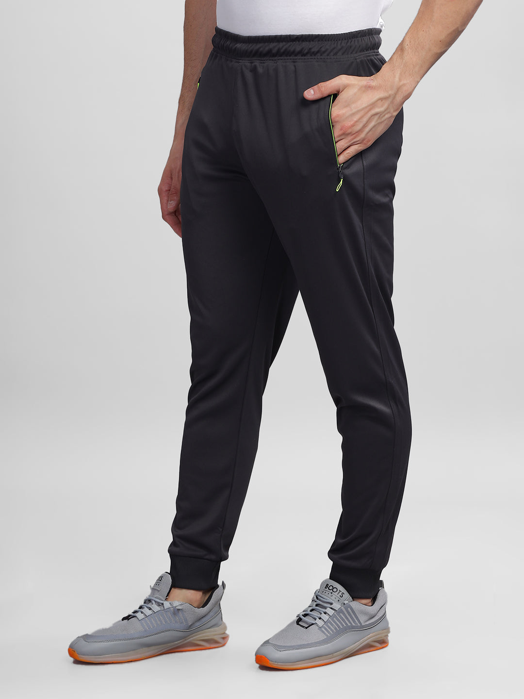 INEGO Men Casual Stretch Joggers Luxury Polyester Interlock Fabric HD Print at the Side Contrast Zipper Pocket Regular Fit Dark Grey Solid Size M (Dark Grey, Grey Melange, Maroon, Navy, Black) Inego #color_Black