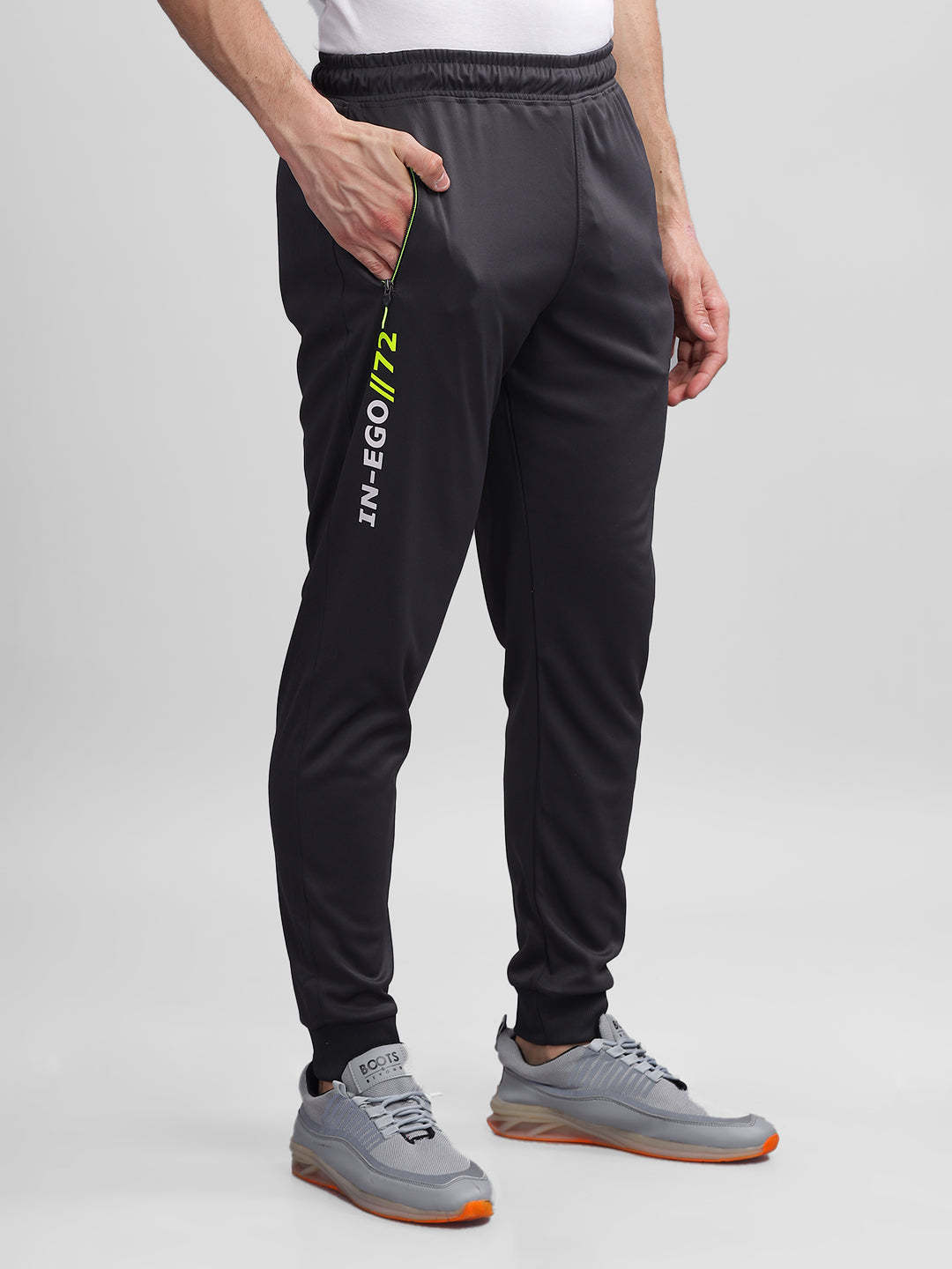 INEGO Men Casual Stretch Joggers Luxury Polyester Interlock Fabric HD Print at the Side Contrast Zipper Pocket Regular Fit Dark Grey Solid Size M (Dark Grey, Grey Melange, Maroon, Navy, Black) Inego #color_Black