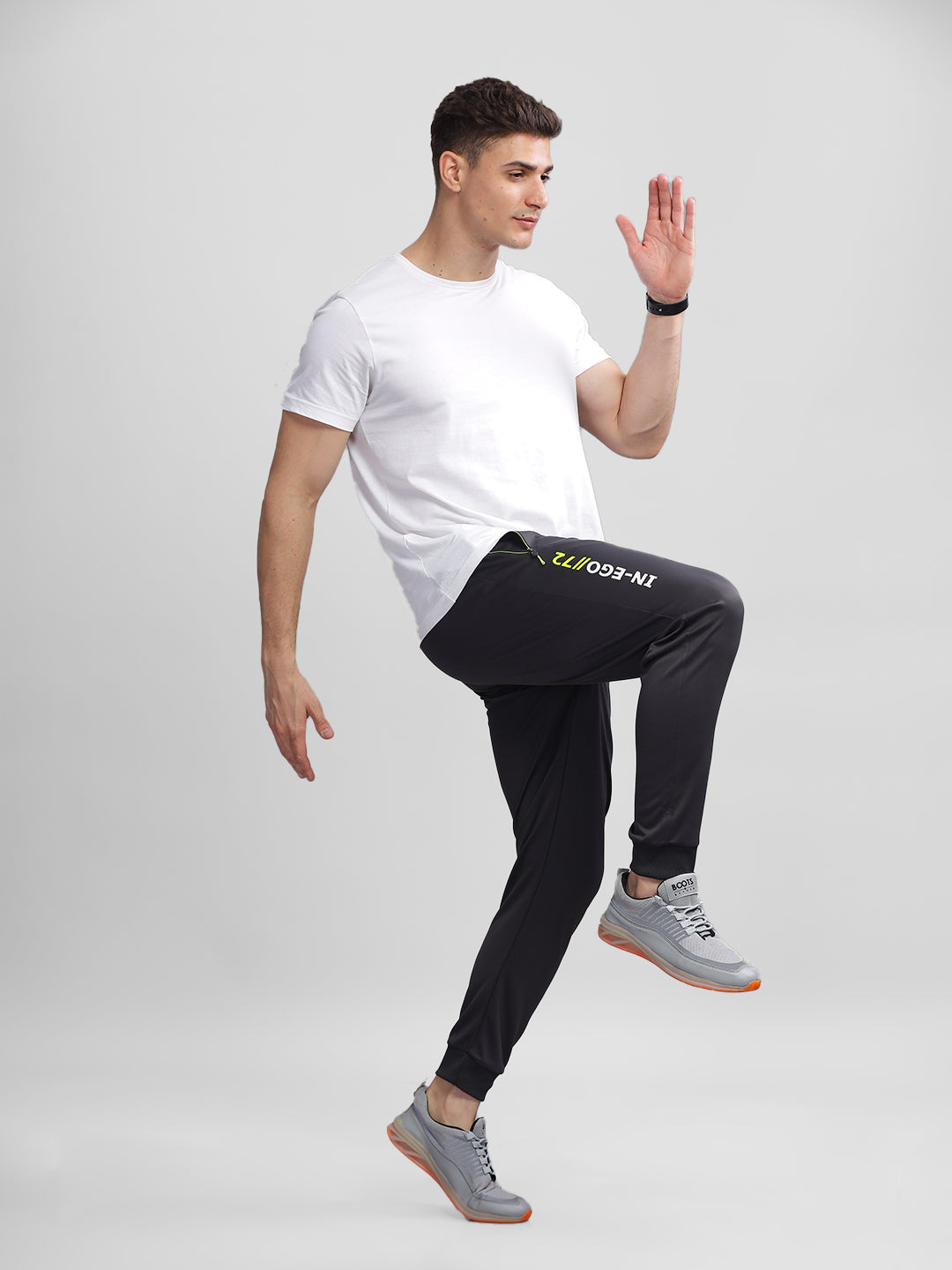 INEGO Men Casual Stretch Joggers Luxury Polyester Interlock Fabric HD Print at the Side Contrast Zipper Pocket Regular Fit Dark Grey Solid Size M (Dark Grey, Grey Melange, Maroon, Navy, Black) Inego #color_Black