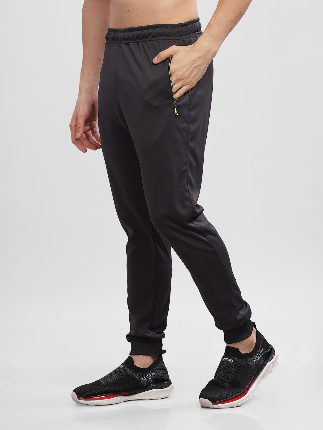 INEGO Men Casual Stretch Joggers Luxury Polyester Interlock Fabric HD Print at the Side Contrast Zipper Pocket Regular Fit Dark Grey Solid Size M (Dark Grey, Grey Melange, Maroon, Navy, Black) Inego #color_Charcoal