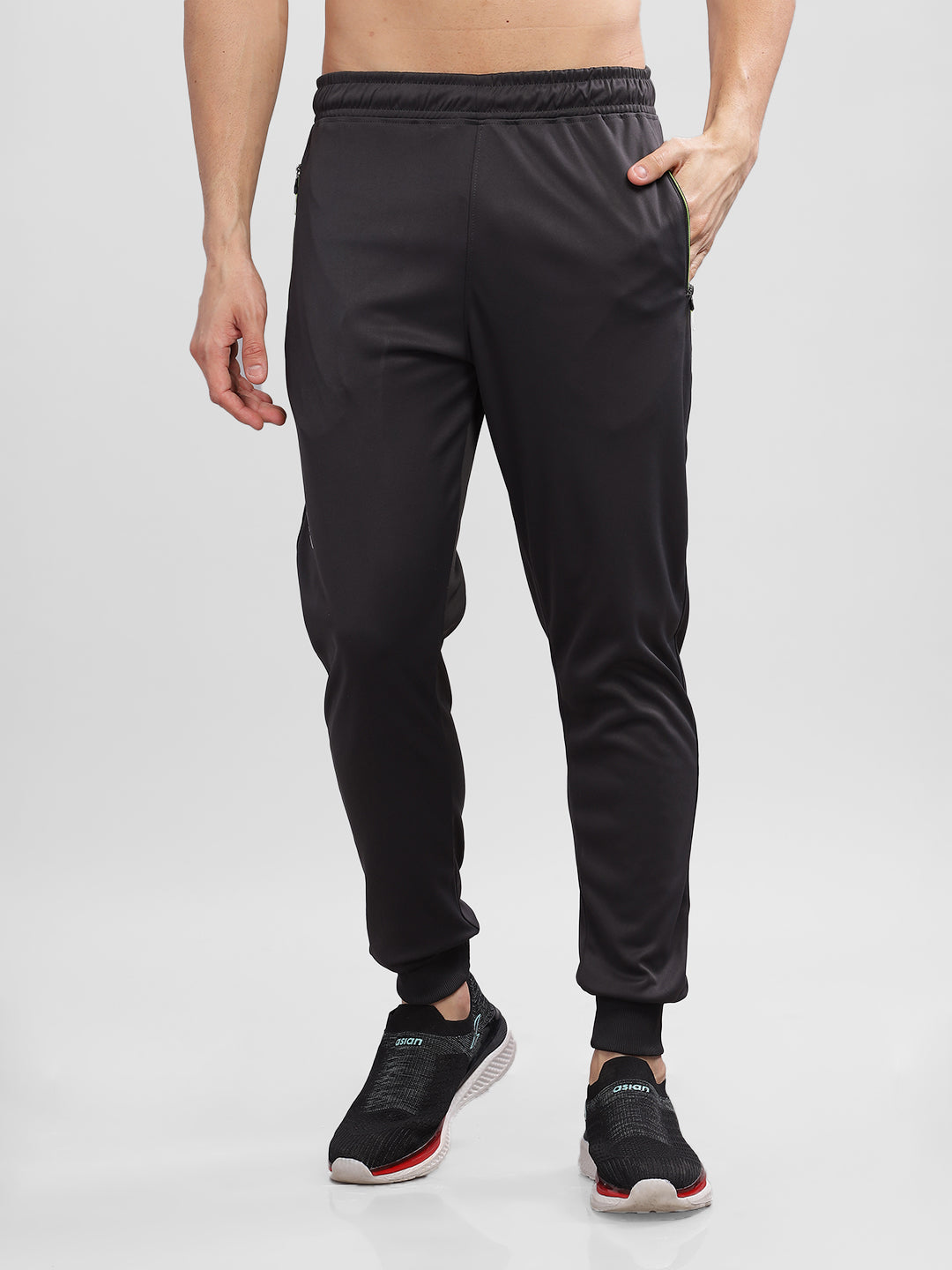 INEGO Men Casual Stretch Joggers Luxury Polyester Interlock Fabric HD Print at the Side Contrast Zipper Pocket Regular Fit Dark Grey Solid Size M (Dark Grey, Grey Melange, Maroon, Navy, Black) Inego #color_Charcoal