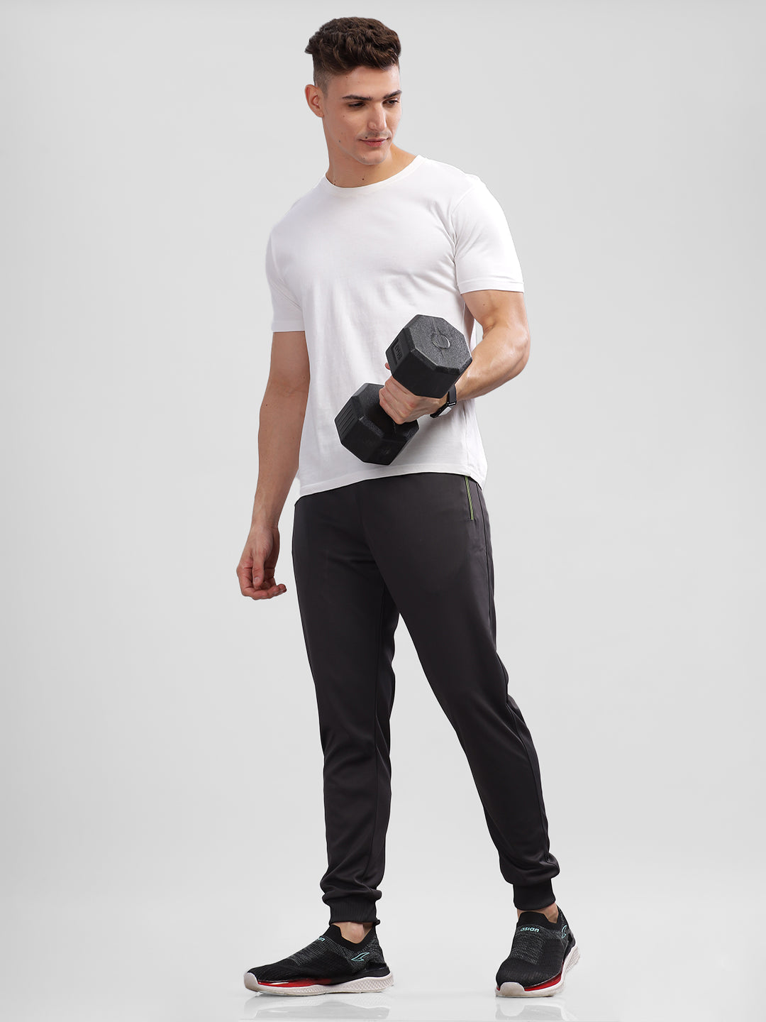 INEGO Men Casual Stretch Joggers Luxury Polyester Interlock Fabric HD Print at the Side Contrast Zipper Pocket Regular Fit Dark Grey Solid Size M (Dark Grey, Grey Melange, Maroon, Navy, Black) Inego #color_Charcoal