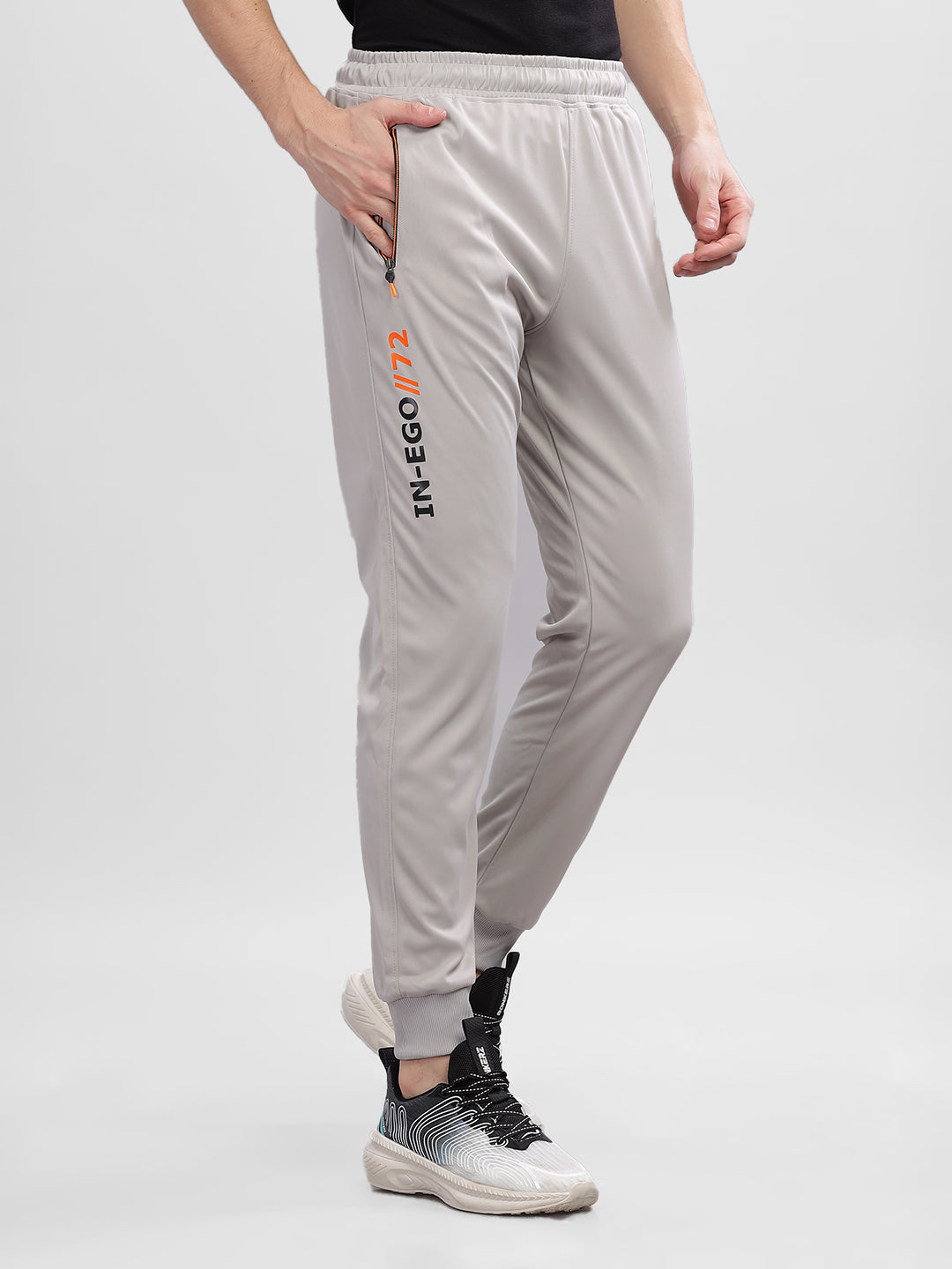 INEGO Men Casual Stretch Joggers Luxury Polyester Interlock Fabric HD Print at the Side Contrast Zipper Pocket Regular Fit Dark Grey Solid Size M (Dark Grey, Grey Melange, Maroon, Navy, Black) Inego #color_Grey Melange