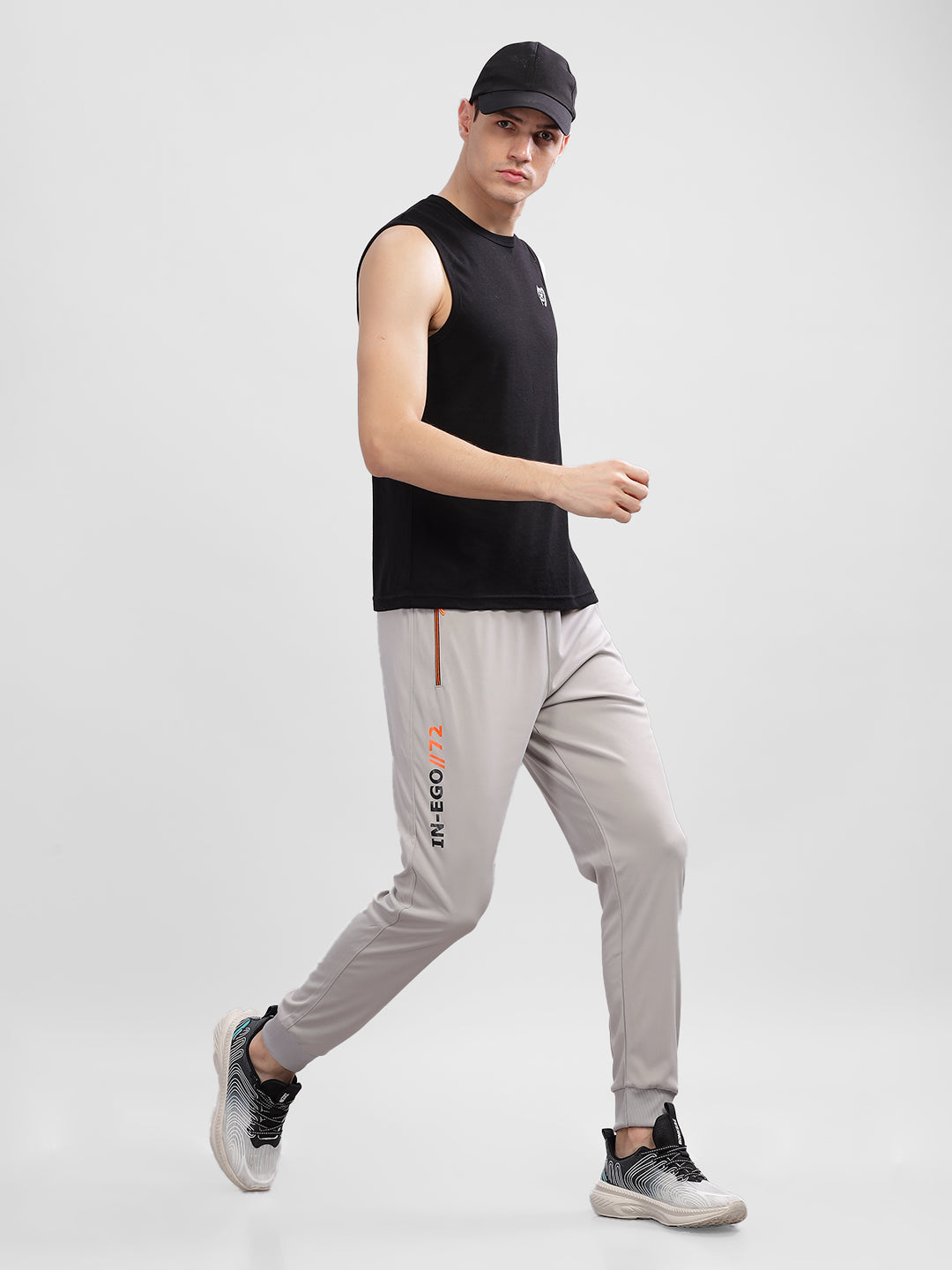 INEGO Men Casual Stretch Joggers Luxury Polyester Interlock Fabric HD Print at the Side Contrast Zipper Pocket Regular Fit Dark Grey Solid Size M (Dark Grey, Grey Melange, Maroon, Navy, Black) Inego #color_Grey Melange