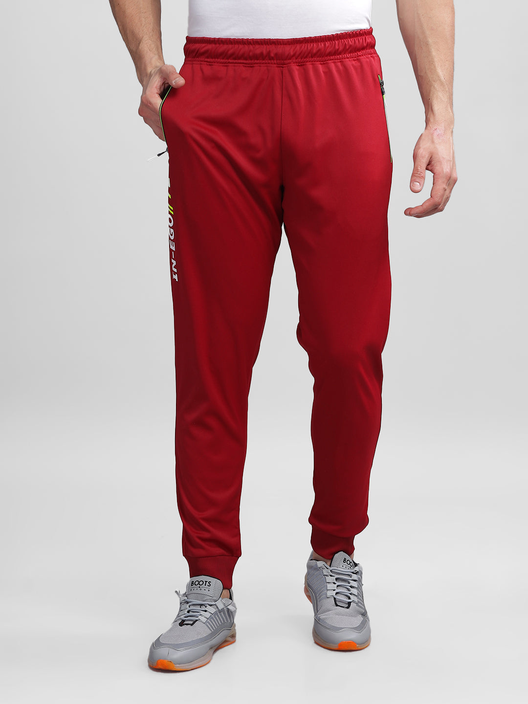 INEGO Men Casual Stretch Joggers Luxury Polyester Interlock Fabric HD Print at the Side Contrast Zipper Pocket Regular Fit Dark Grey Solid Size M (Dark Grey, Grey Melange, Maroon, Navy, Black) Inego #color_Maroon