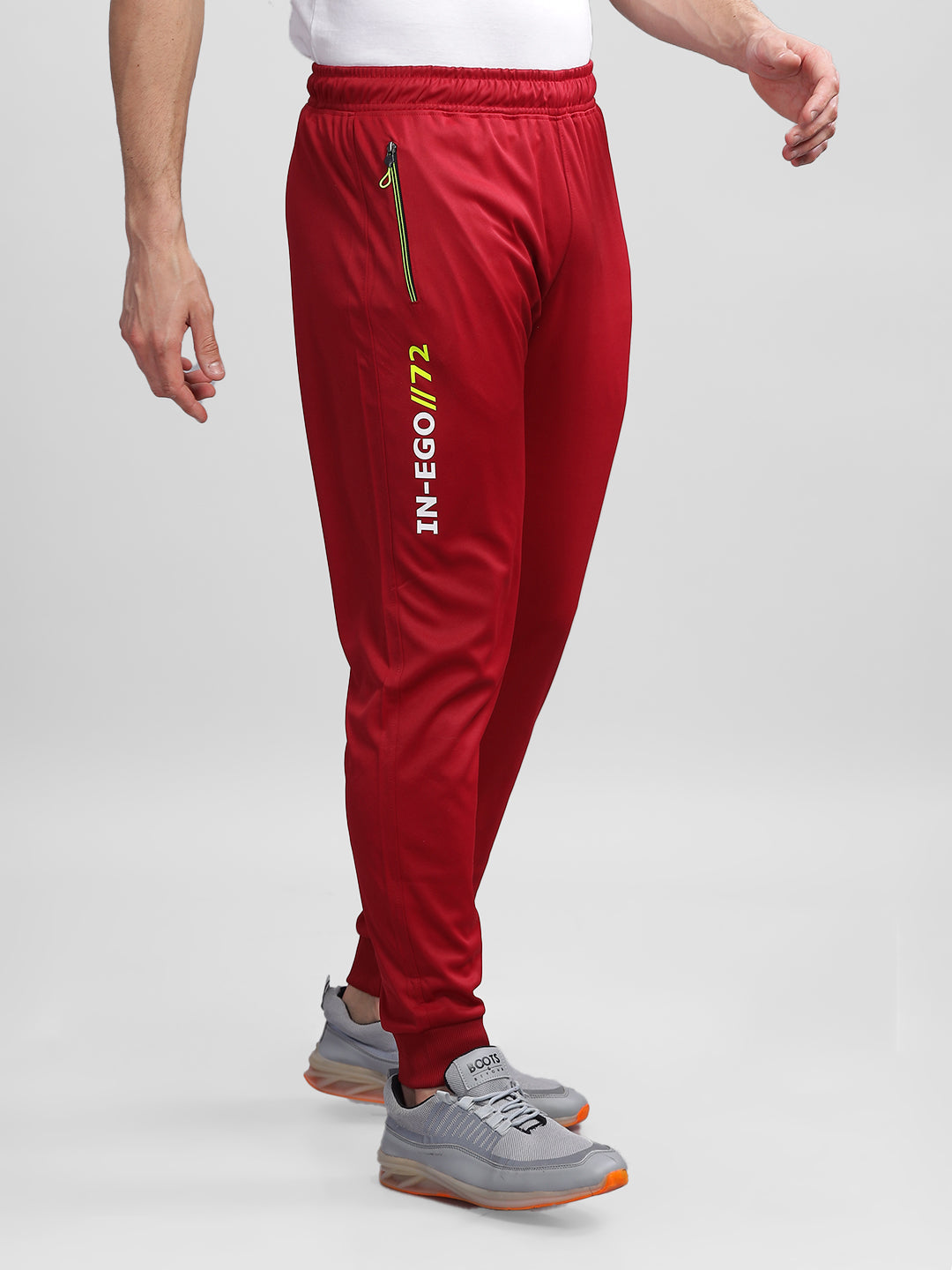 INEGO Men Casual Stretch Joggers Luxury Polyester Interlock Fabric HD Print at the Side Contrast Zipper Pocket Regular Fit Dark Grey Solid Size M (Dark Grey, Grey Melange, Maroon, Navy, Black) Inego #color_Maroon