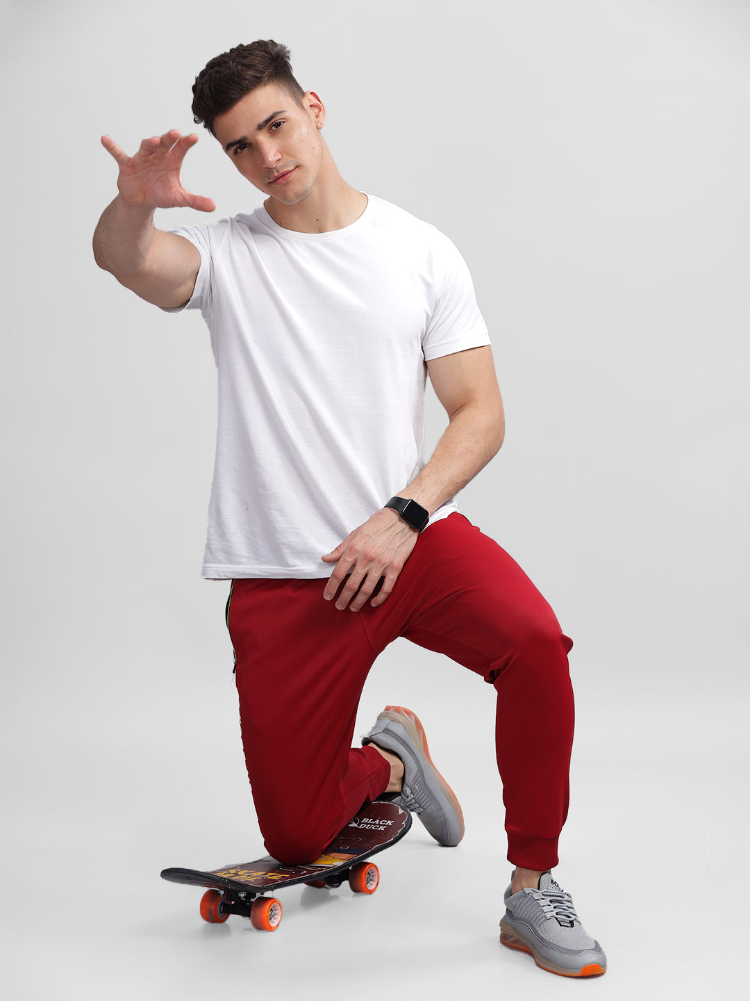 INEGO Men Casual Stretch Joggers Luxury Polyester Interlock Fabric HD Print at the Side Contrast Zipper Pocket Regular Fit Dark Grey Solid Size M (Dark Grey, Grey Melange, Maroon, Navy, Black) Inego #color_Maroon
