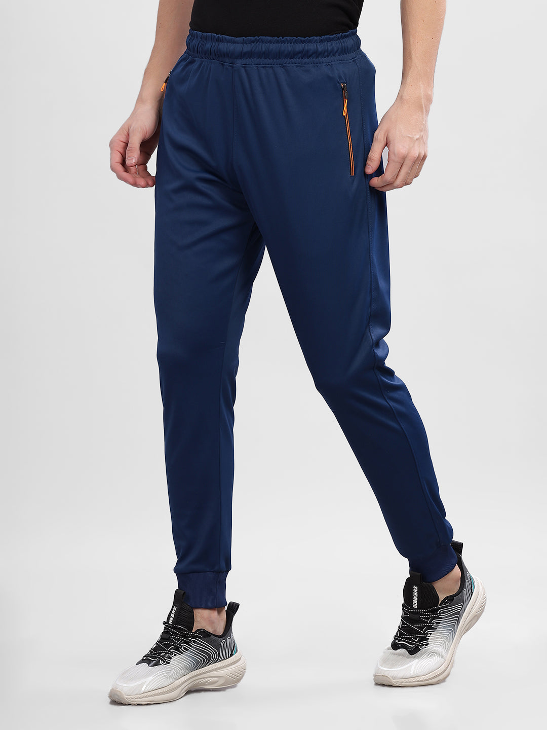 INEGO Men Casual Stretch Joggers Luxury Polyester Interlock Fabric HD Print at the Side Contrast Zipper Pocket Regular Fit Dark Grey Solid Size M (Dark Grey, Grey Melange, Maroon, Navy, Black) Inego #color_Navy