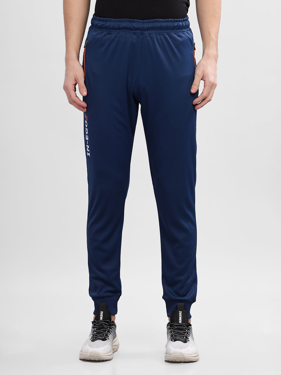 INEGO Men Casual Stretch Joggers Luxury Polyester Interlock Fabric HD Print at the Side Contrast Zipper Pocket Regular Fit Dark Grey Solid Size M (Dark Grey, Grey Melange, Maroon, Navy, Black) Inego #color_Navy