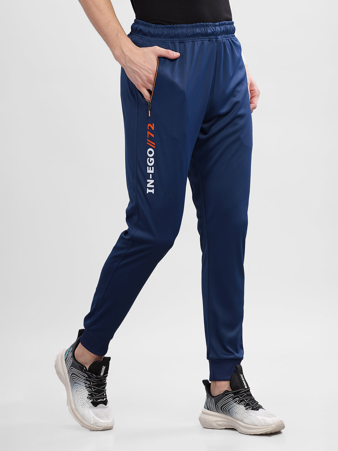 INEGO Men Casual Stretch Joggers Luxury Polyester Interlock Fabric HD Print at the Side Contrast Zipper Pocket Regular Fit Dark Grey Solid Size M (Dark Grey, Grey Melange, Maroon, Navy, Black) Inego #color_Navy