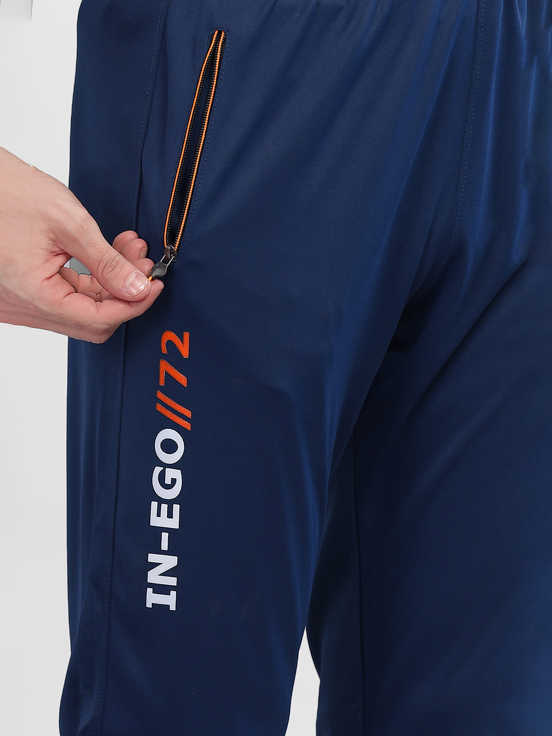INEGO Men Casual Stretch Joggers Luxury Polyester Interlock Fabric HD Print at the Side Contrast Zipper Pocket Regular Fit Dark Grey Solid Size M (Dark Grey, Grey Melange, Maroon, Navy, Black) Inego #color_Navy