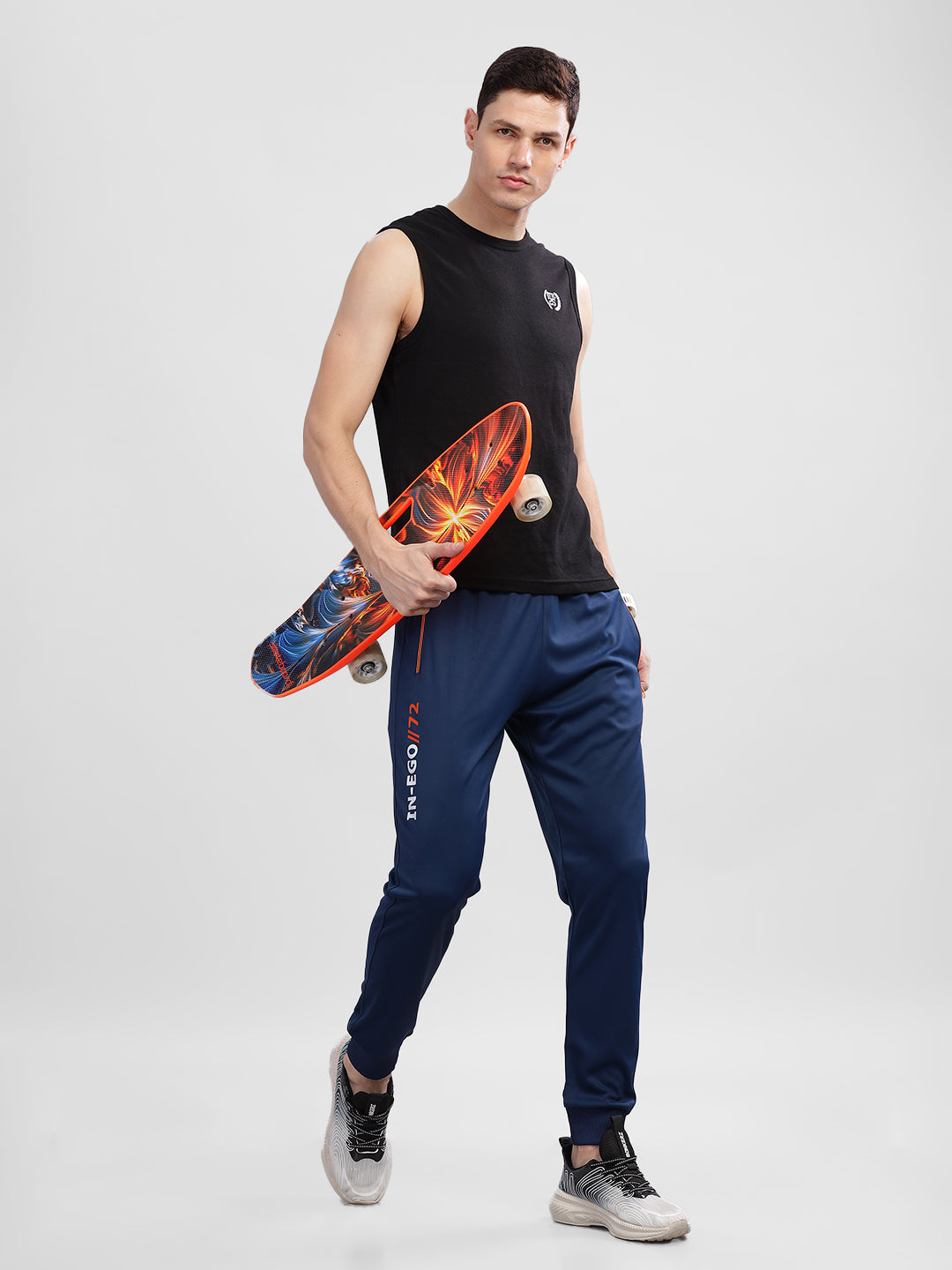 INEGO Men Casual Stretch Joggers Luxury Polyester Interlock Fabric HD Print at the Side Contrast Zipper Pocket Regular Fit Dark Grey Solid Size M (Dark Grey, Grey Melange, Maroon, Navy, Black) Inego #color_Navy