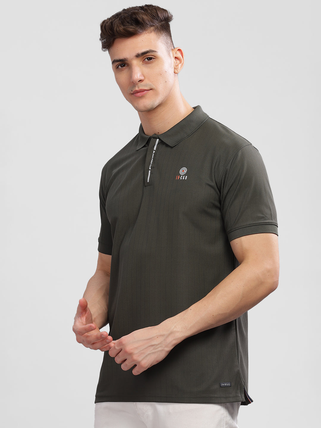 Inego Mens Textured Polo T-Shirt Half Sleeve Green Stripes Polo Collar 100% Polyester Regular Fit (Green, Grey, Navy, Off White, Pink) Inego #color_Green