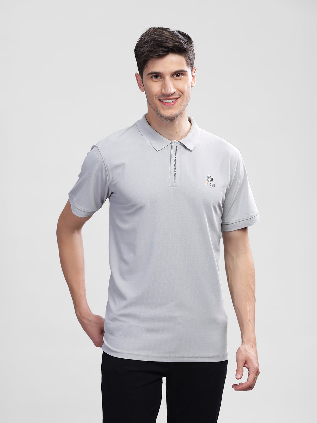 Inego Mens Textured Polo T-Shirt Half Sleeve Green Stripes Polo Collar 100% Polyester Regular Fit (Green, Grey, Navy, Off White, Pink) Inego #color_Grey