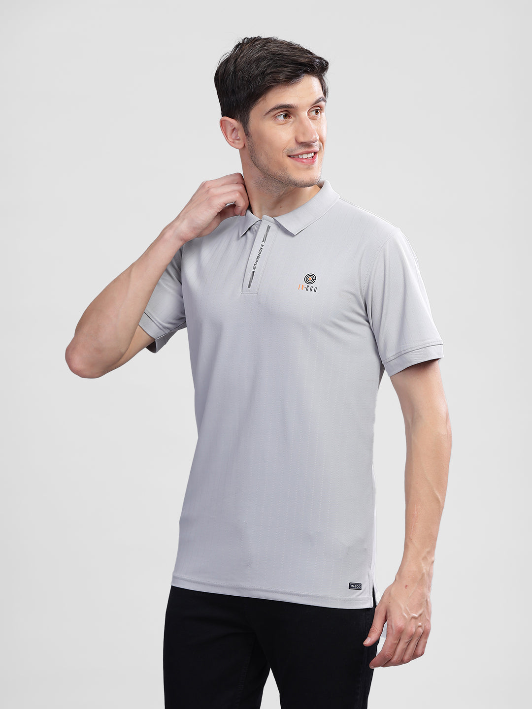 Inego Mens Textured Polo T-Shirt Half Sleeve Green Stripes Polo Collar 100% Polyester Regular Fit (Green, Grey, Navy, Off White, Pink) Inego #color_Grey