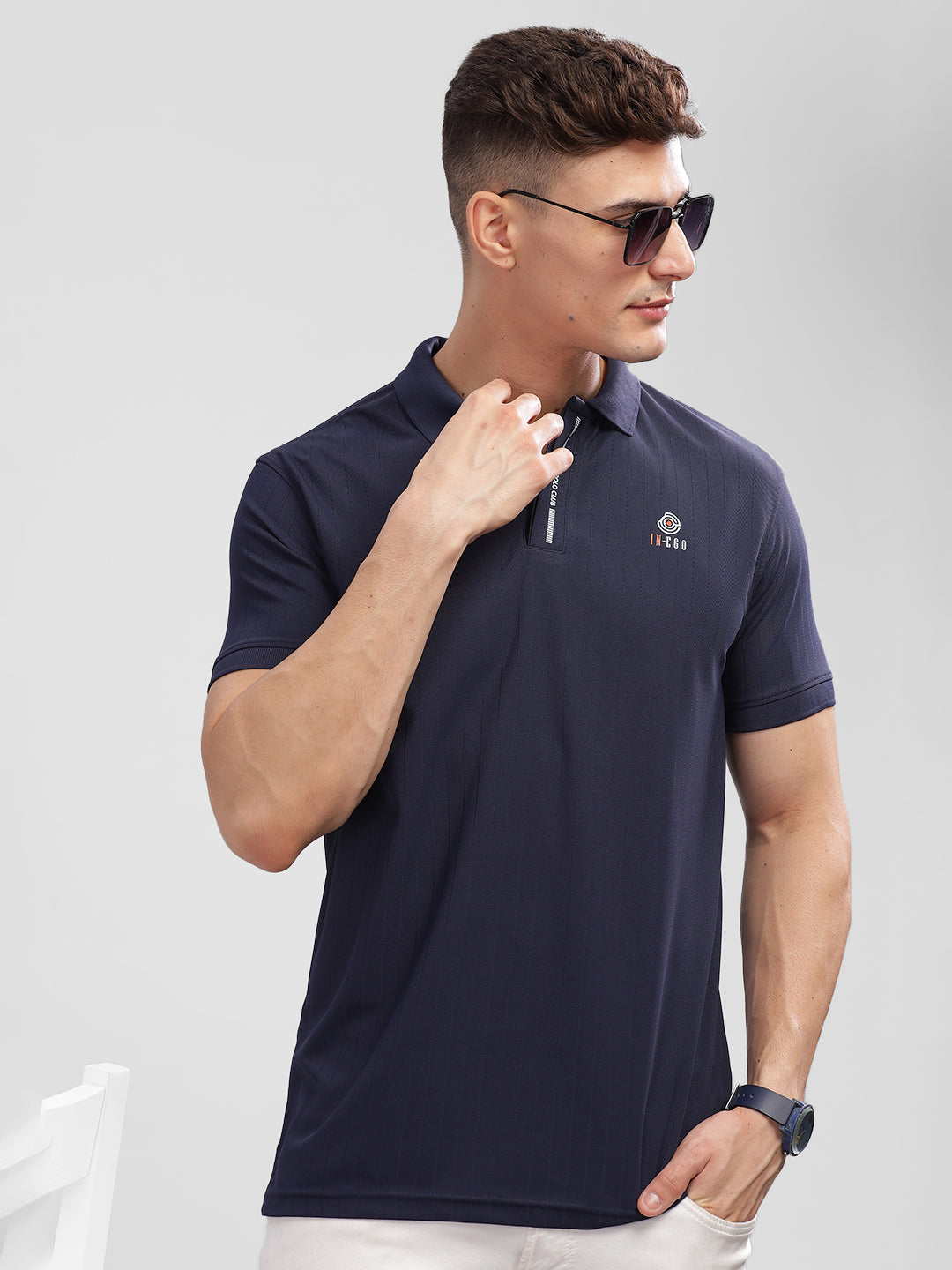 Inego Mens Textured Polo T-Shirt Half Sleeve Green Stripes Polo Collar 100% Polyester Regular Fit (Green, Grey, Navy, Off White, Pink) Inego #color_Navy
