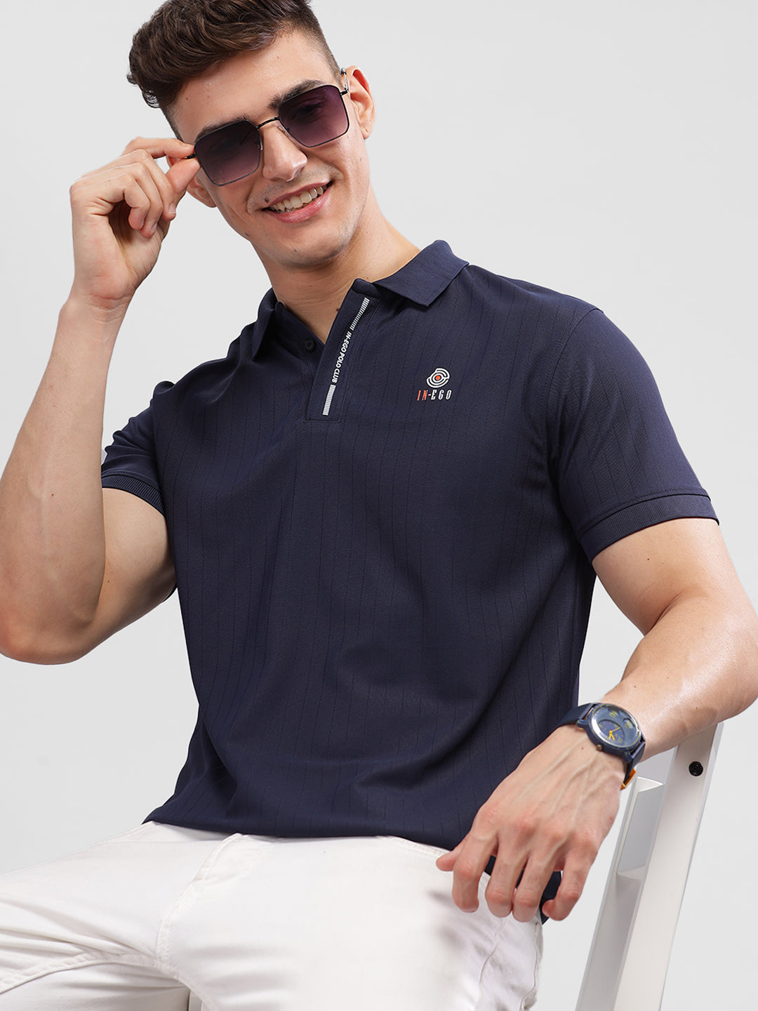 Inego Mens Textured Polo T-Shirt Half Sleeve Green Stripes Polo Collar 100% Polyester Regular Fit (Green, Grey, Navy, Off White, Pink) Inego #color_Navy