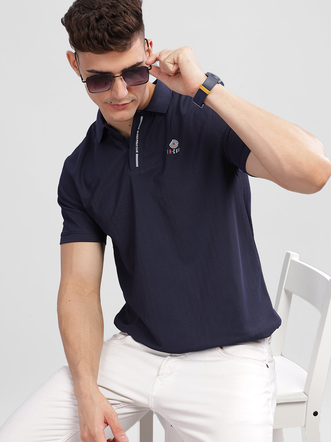 Inego Mens Textured Polo T-Shirt Half Sleeve Green Stripes Polo Collar 100% Polyester Regular Fit (Green, Grey, Navy, Off White, Pink) Inego #color_Navy