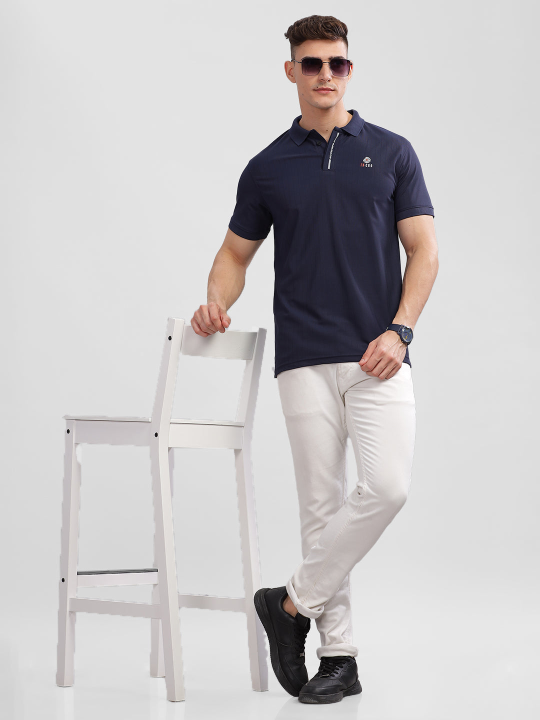 Inego Mens Textured Polo T-Shirt Half Sleeve Green Stripes Polo Collar 100% Polyester Regular Fit (Green, Grey, Navy, Off White, Pink) Inego #color_Navy