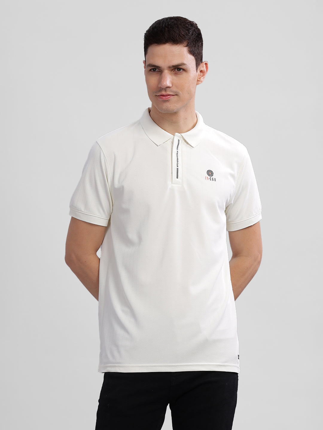 Inego Mens Textured Polo T-Shirt Half Sleeve Green Stripes Polo Collar 100% Polyester Regular Fit (Green, Grey, Navy, Off White, Pink) Inego #color_Off White