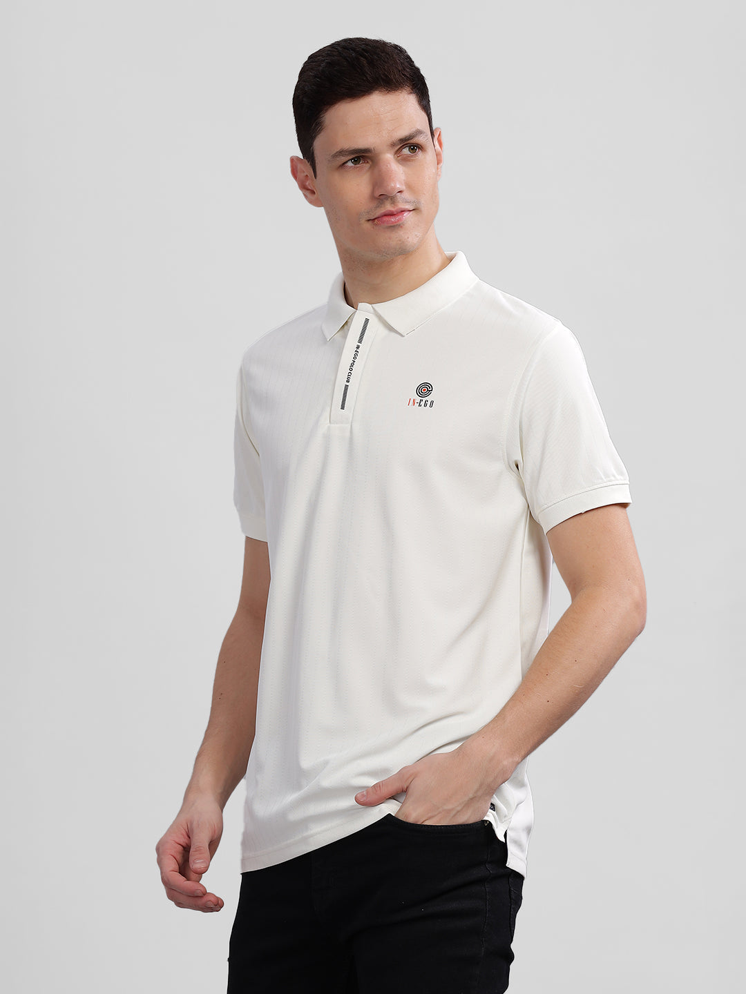 Inego Mens Textured Polo T-Shirt Half Sleeve Green Stripes Polo Collar 100% Polyester Regular Fit (Green, Grey, Navy, Off White, Pink) Inego #color_Off White