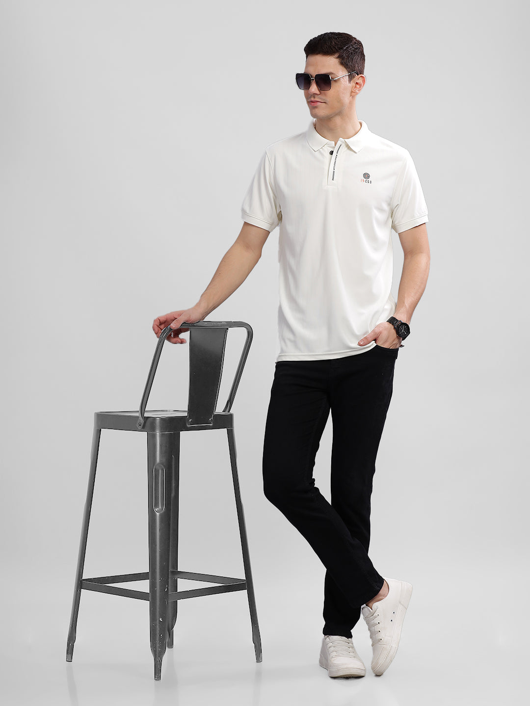 Inego Mens Textured Polo T-Shirt Half Sleeve Green Stripes Polo Collar 100% Polyester Regular Fit (Green, Grey, Navy, Off White, Pink) Inego #color_Off White