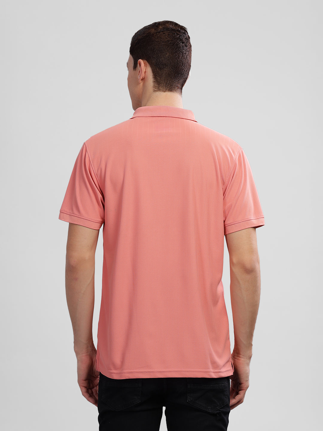 Inego Mens Textured Polo T-Shirt Half Sleeve Green Stripes Polo Collar 100% Polyester Regular Fit (Green, Grey, Navy, Off White, Pink) Inego #color_Pink