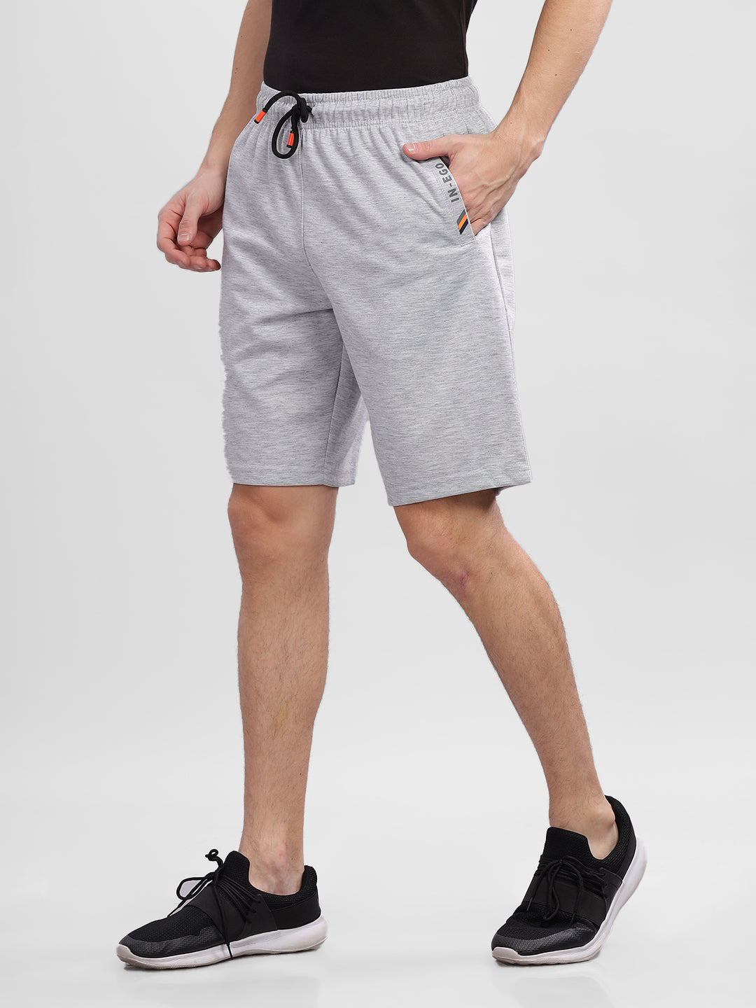 INEGO Men Knitted Dark Grey Casual Shorts P-Knit Fabric HD Logo Print Welt Pockets Regular Fit 100% Spun Polyester (Dark Grey, Grey Melange, Maroon, Navy, Black) Inego #color_Grey Melange