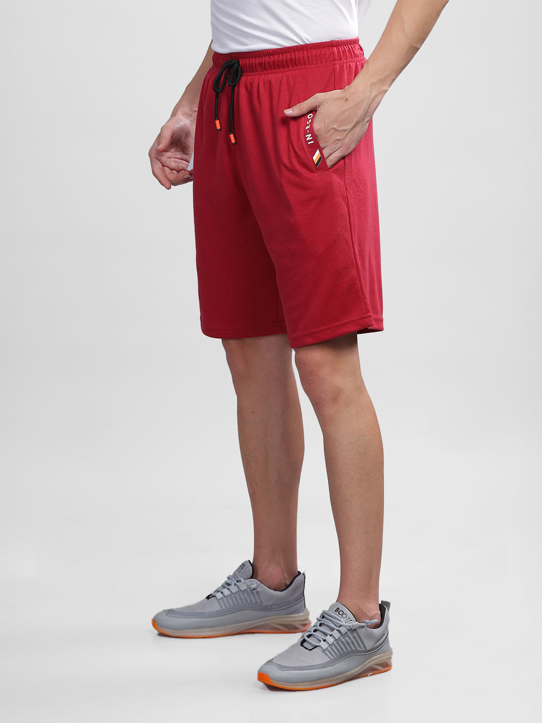 INEGO Men Knitted Dark Grey Casual Shorts P-Knit Fabric HD Logo Print Welt Pockets Regular Fit 100% Spun Polyester (Dark Grey, Grey Melange, Maroon, Navy, Black) Inego #color_Maroon